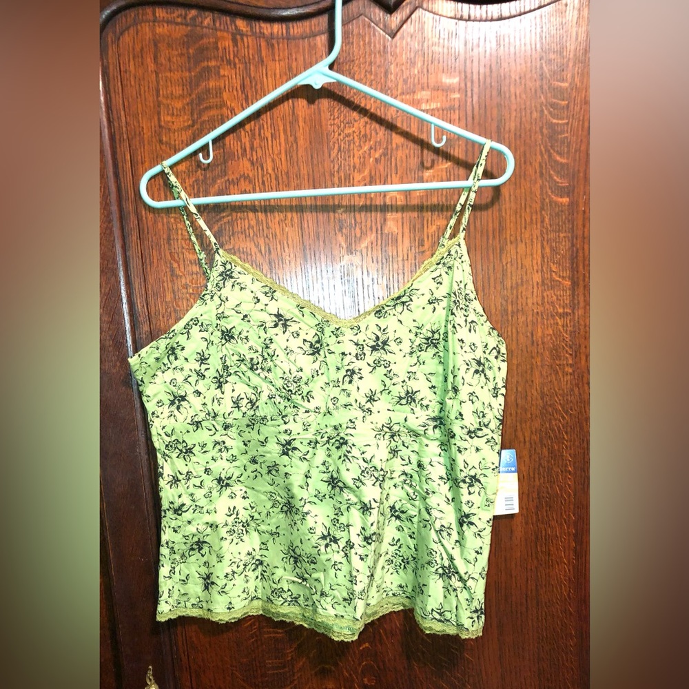 Green Black Floral Print Lace Large Tank Top Cotton  Zipper Lined Adjustable Stp